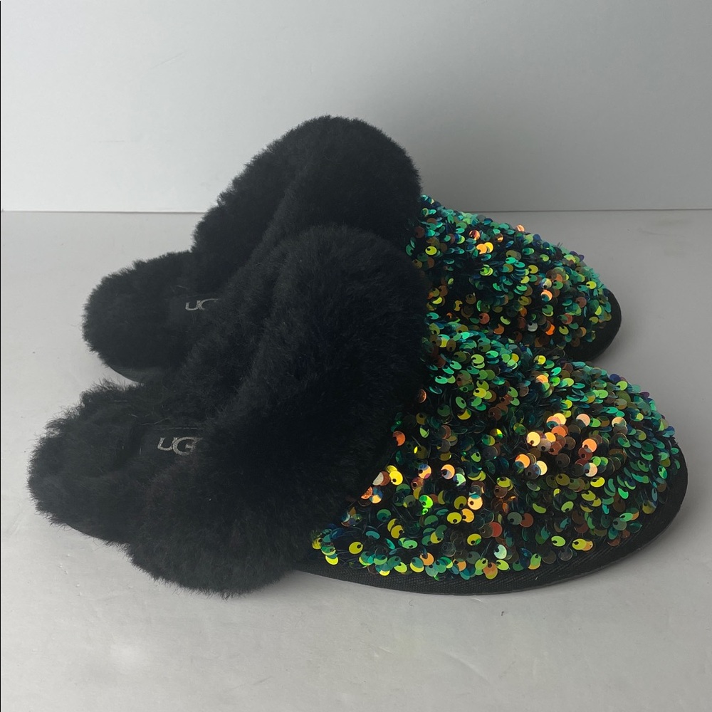 UGG Scuffette 2 Stellar Sequin Faux Fur Slip-On Slippers Black Green 6